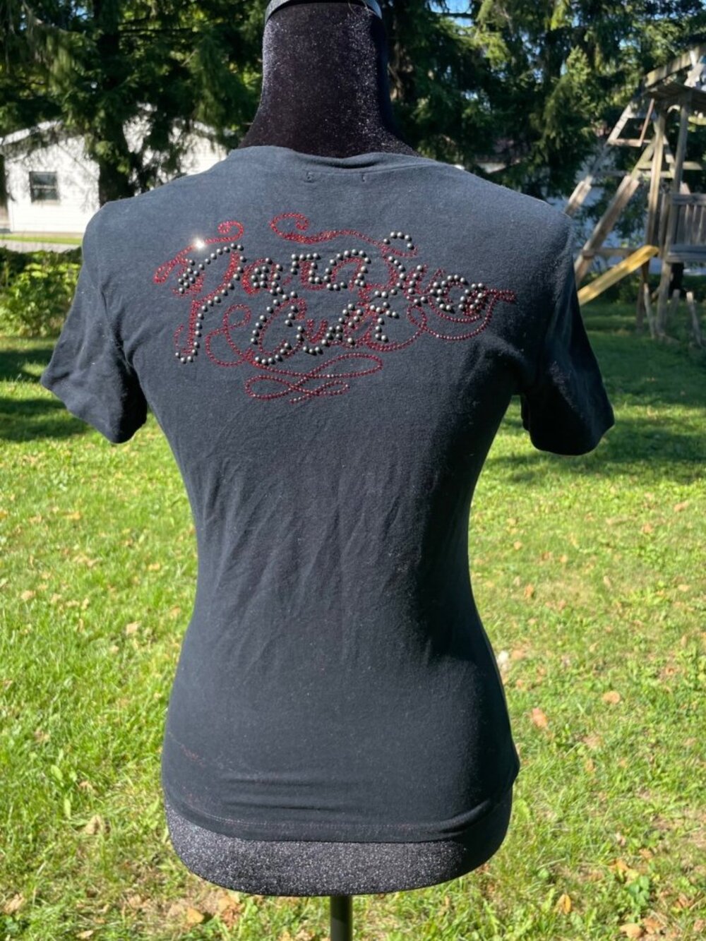 Vintage Y2K Parasuco Cult Top Deep V Neck Black Stretch Studded Spellout S Goth